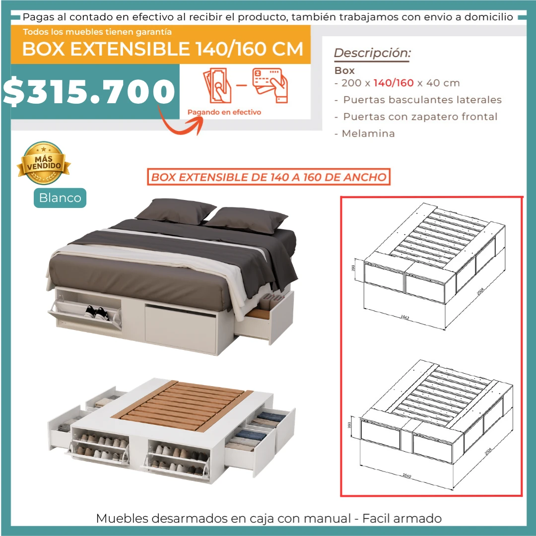 CAMA BOX EXTENSIBLE 2 PLAZAS